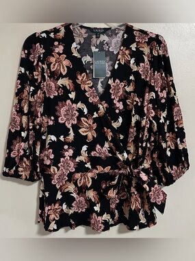 Lauren Ralph Lauren Wrap Top Black Multi Floral 3/4 Sleeve Women’s Size Large